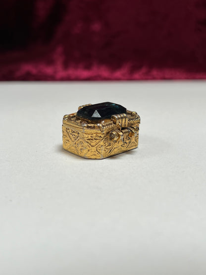 Vintage Trinket Box - Gilt Ormolu Pill / Snuff Box - Blue Jewel Lid - Fleur de Lis Design