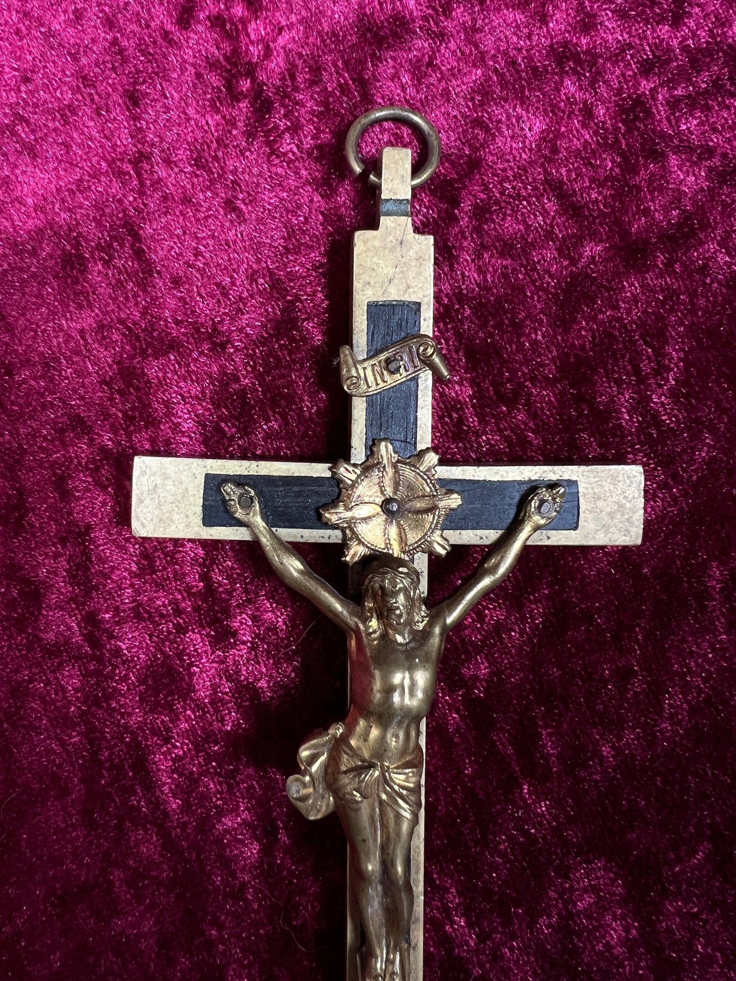 Vintage Brass Crucifix Cross - Ebony Inlay Skull and Crossbones Wall Hanging