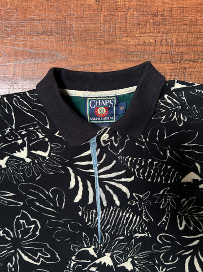 Vintage 1990s Chaps Ralph Lauren Cotton Polo Shirt – Black Tropical Print – X-Large