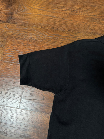 Vintage Halston Knit Cardigan - Black Floral Embroidered Short Sleeve Sweater - Small