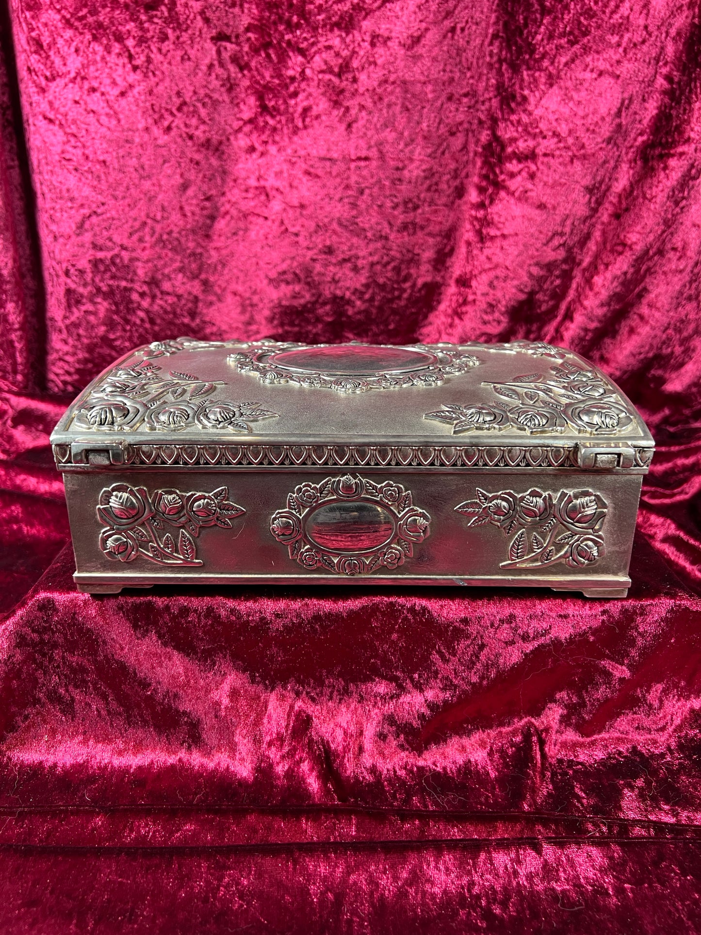 Vintage Vanity - Large Jewelry Box - Ornate Silver Rose Filigree - Red Felt Lining