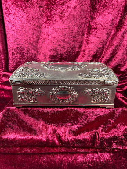 Vintage Vanity - Large Jewelry Box - Ornate Silver Rose Filigree - Red Felt Lining
