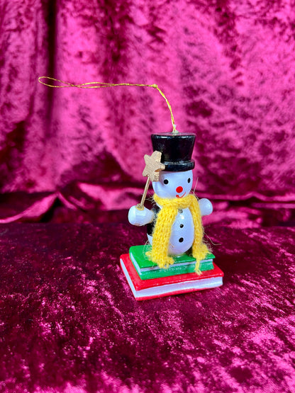 Vintage Christmas - Hand Painted Wood Ornament - Snowman Sitting On Books