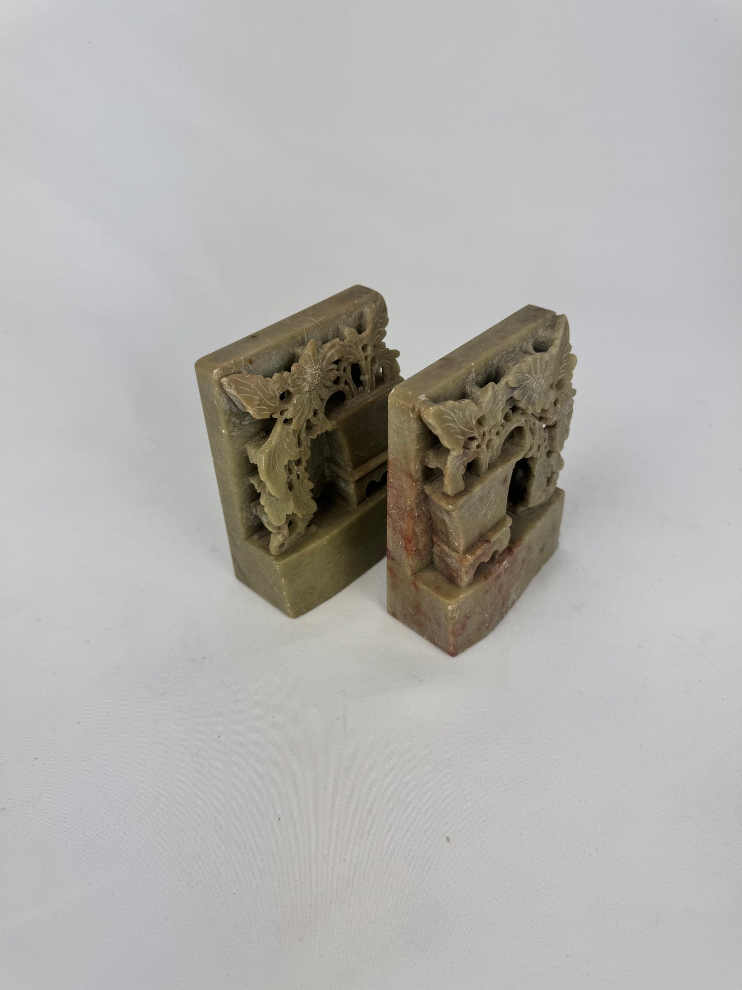 Vintage Hand Carved Soapstone Asian Crysanthemum Bookends