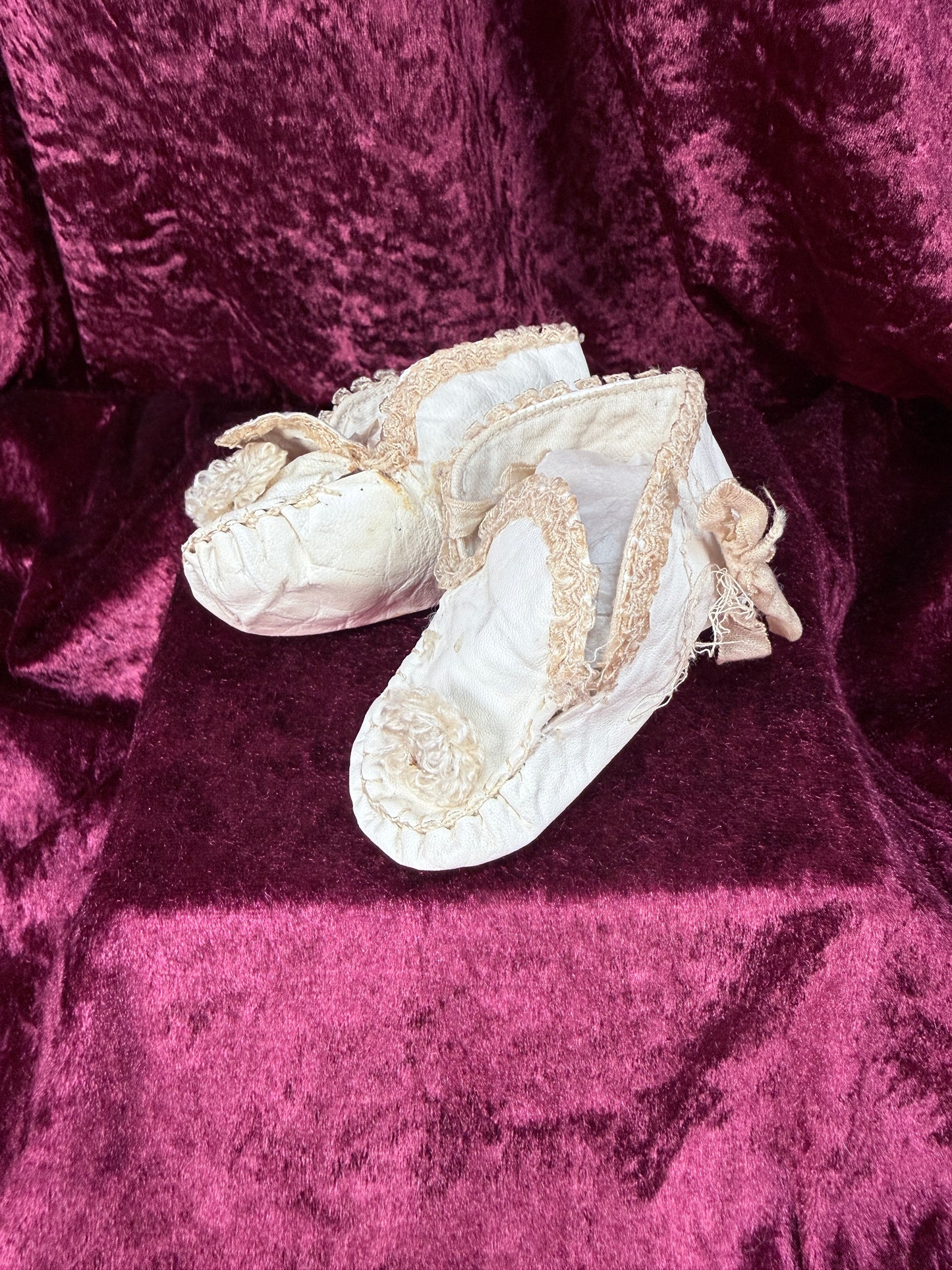 Antique Leather Baby Shoes – Handcrafted Lace Trim Christening Booties