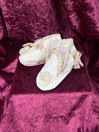 Antique Leather Baby Shoes – Handcrafted Lace Trim Christening Booties