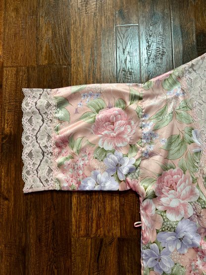 Vintage Silky Nightgown and Robe Lingerie Set - Pink Floral Print Peignoir Ensemble - Val Mode