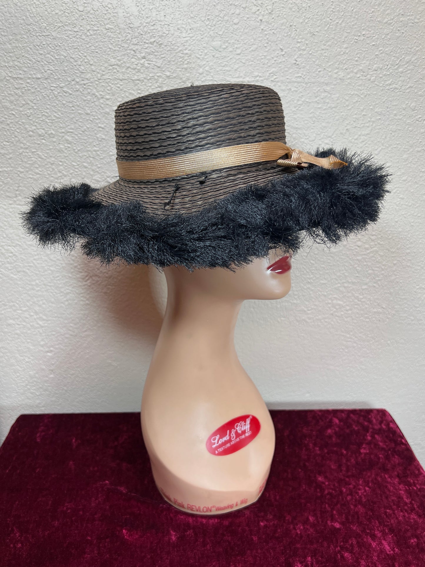 Vintage Accessories - Straw Sun Hat - Black with Faux Ostrich Feather Brim - Medium