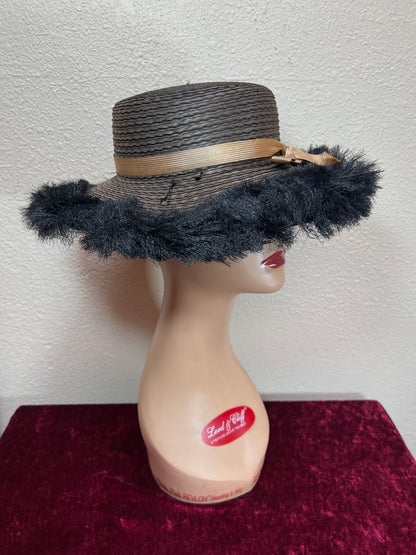 Vintage Accessories - Straw Sun Hat - Black with Faux Ostrich Feather Brim - Medium