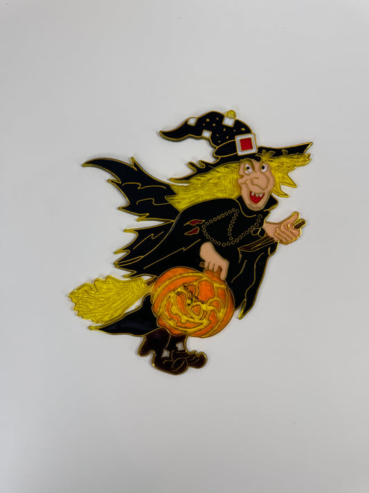 Vintage Halloween Decoration - Plastic Window Suncatcher - Witch and Jack-o-Lantern