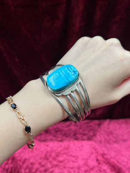 Vintage Jewelry - Chunky Cuff Bracelet - Egyptian Revival Blue Scarab