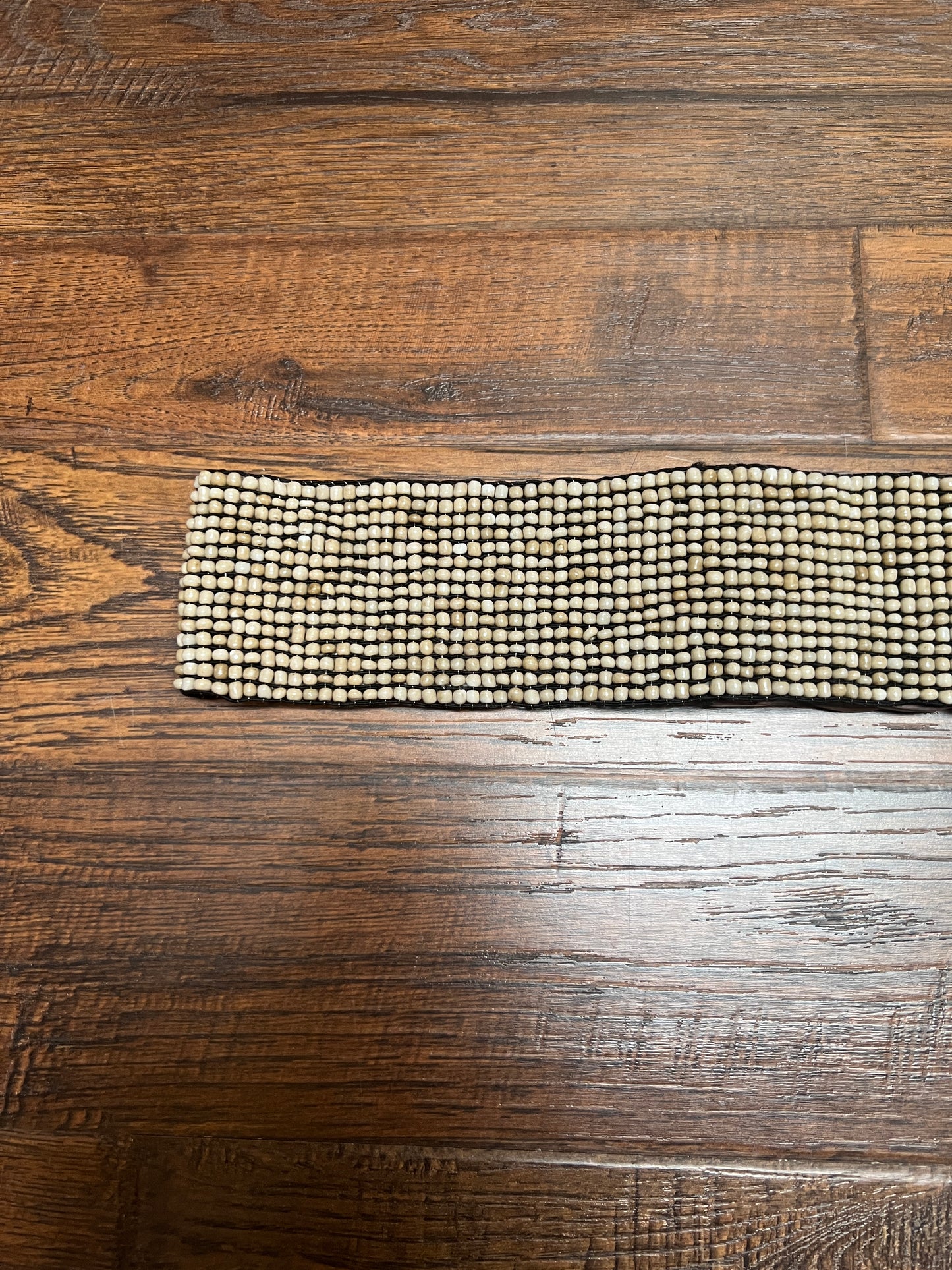 Vintage Style Accessories - Glass Seed Beaded Waist Belt with Wood Buckle - Sandy Beige - 31.5"