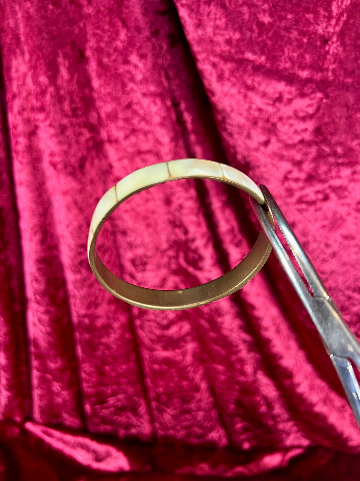 Vintage Jewelry - Bangle Bracelet - Brass with Inlaid Abalone Shell