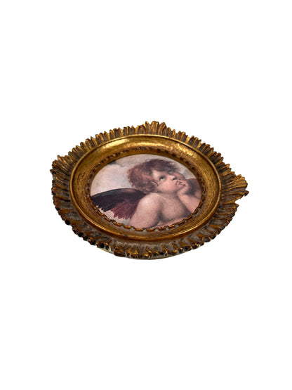 Vintage Wall Art - "Pensive Putto" - Print in Baroque Gilt Fresco Circle Frame - 5x5"