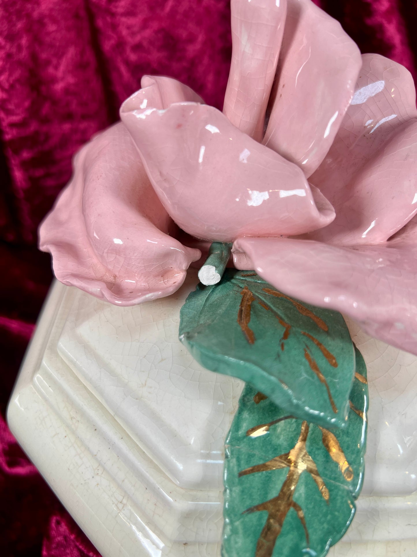 Vintage Trinket Dish - Ceramic - Giant Pink Rose - Chipped