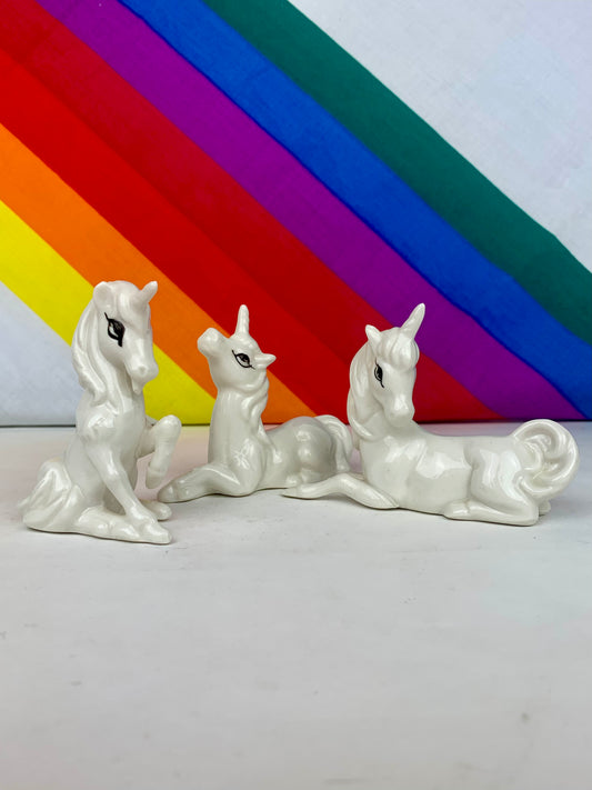 Vintage 1980's Ceramic Unicorn Figurine Trio - Made In Taiwan