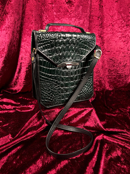 Vintage Emerald Green Leather Crossbody Bag - Croc Embossed Top Handle Purse
