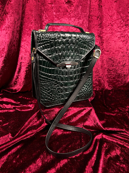 Vintage Emerald Green Leather Crossbody Bag - Croc Embossed Top Handle Purse