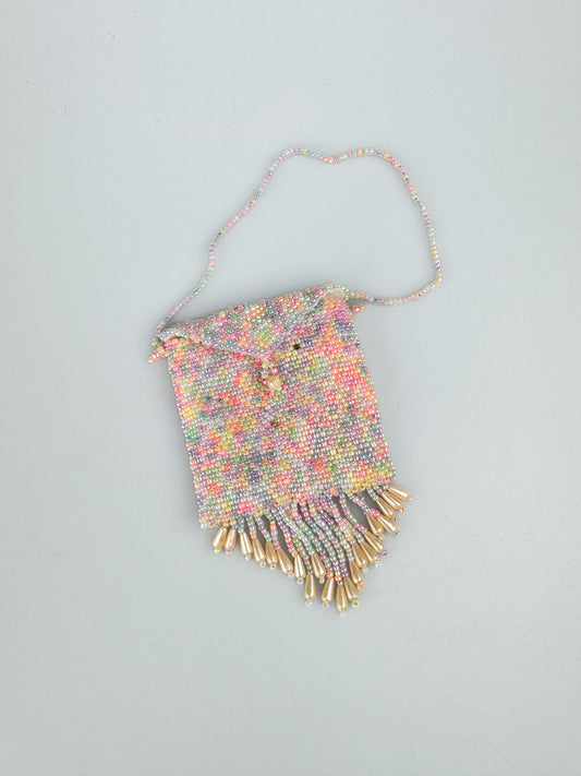 Miniature Beaded Coin Purse - Multicolor Pastel Rainbow Beads