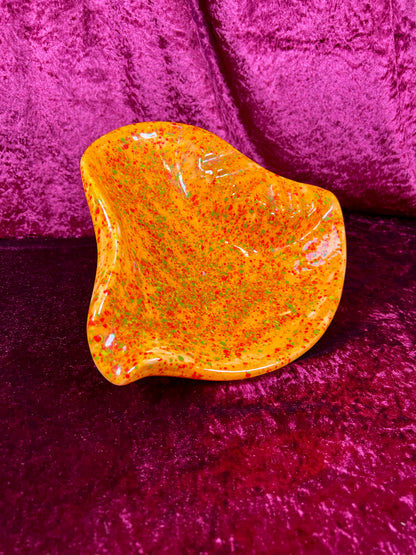 Vintage Ashtray - Sculptural Ceramic Drip Glaze - Bright Orange with Green Flecks - Large