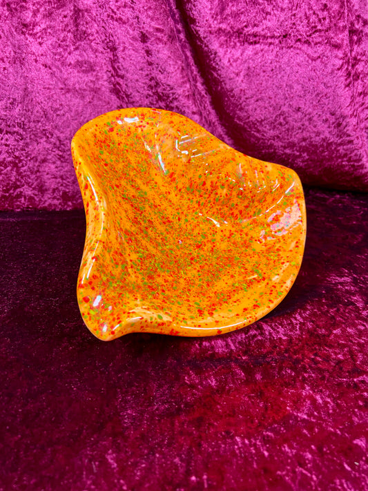 Vintage Ashtray - Sculptural Ceramic Drip Glaze - Bright Orange with Green Flecks - Large