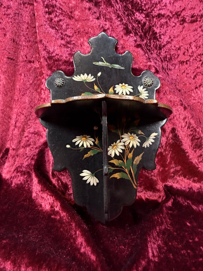 Antique Victorian Papier-Mache Collapsible Wall Shelf – Hand Painted Daisies and Dragonfly on Black Lacquer
