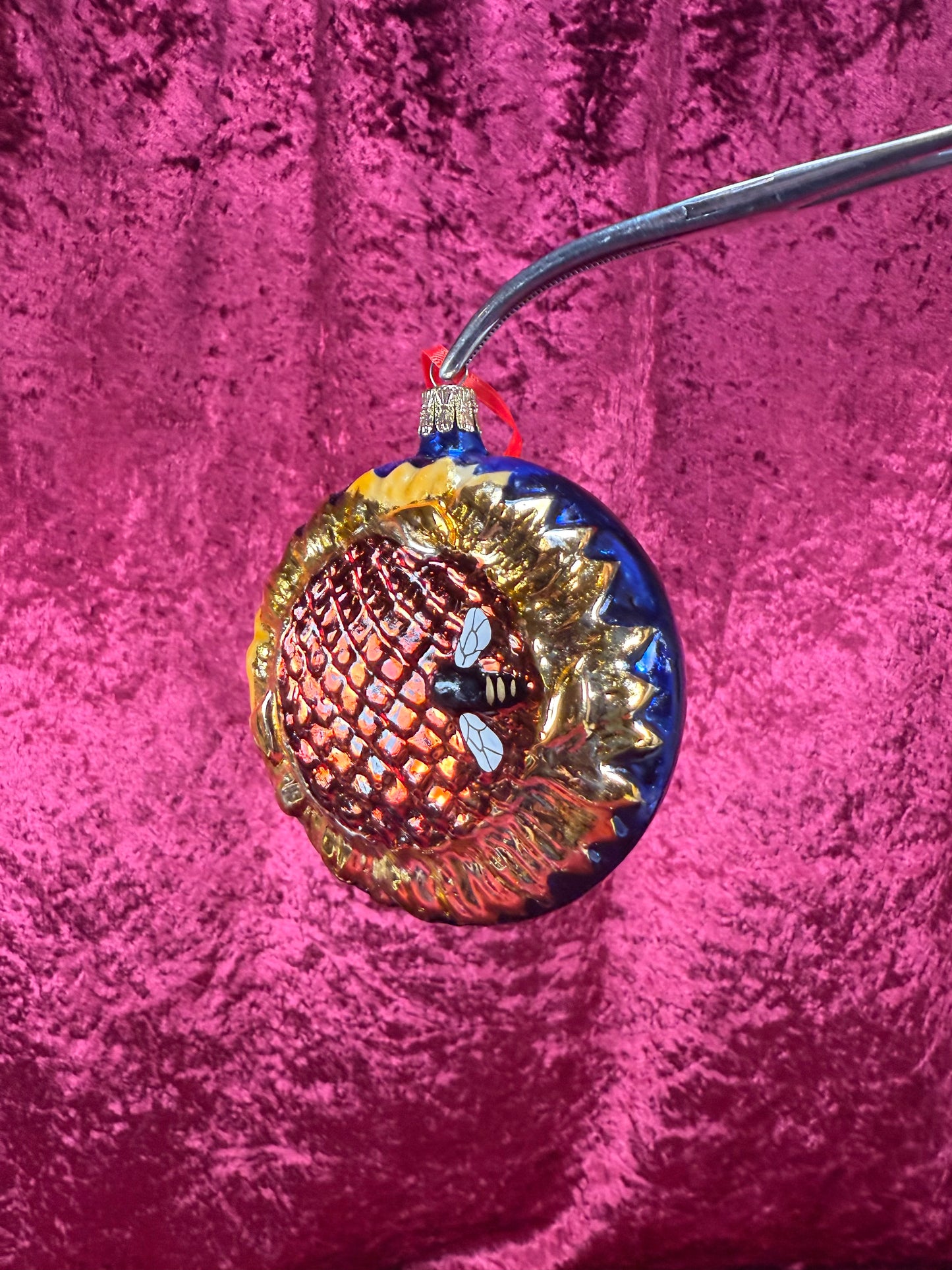 Vintage Christmas - Handblown Glass Ornament - Bumble Bee on Sunflower - Czech Republic