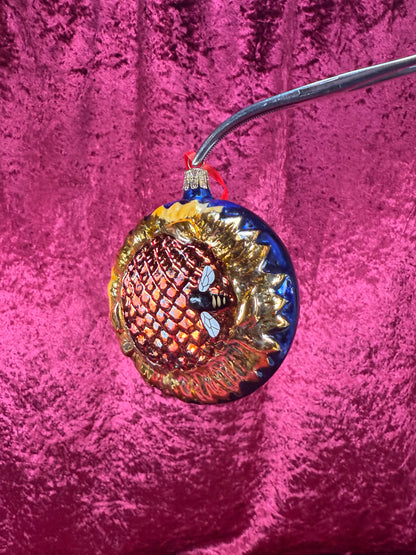 Vintage Christmas - Handblown Glass Ornament - Bumble Bee on Sunflower - Czech Republic