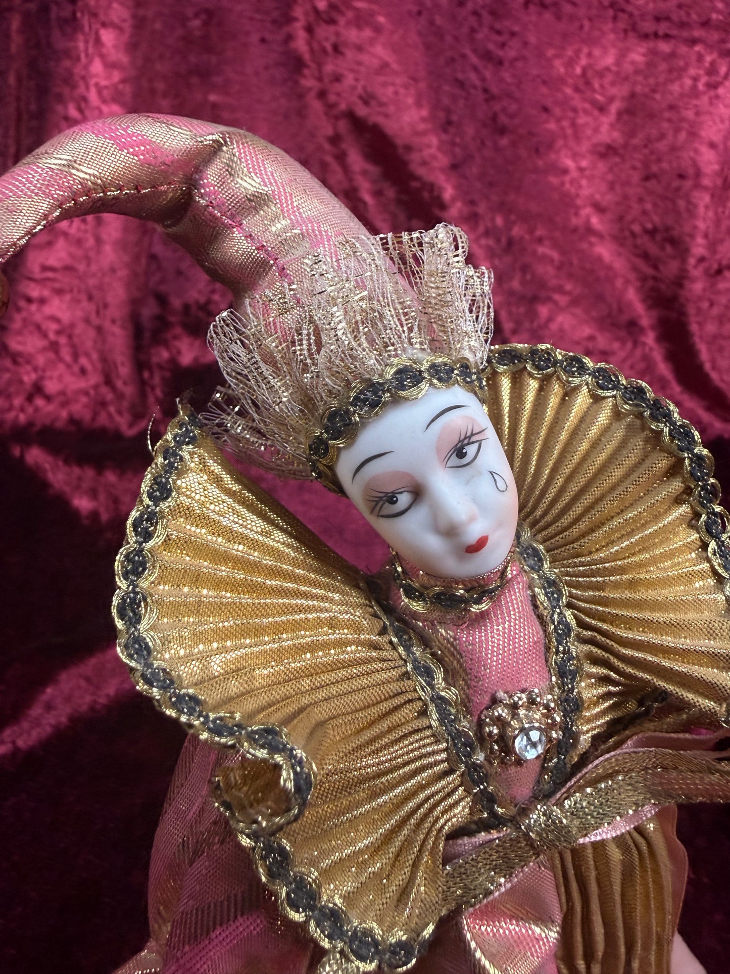 Vintage Porcelain Pierrot Doll – Pink and Gold Metallic Harlequin Figure