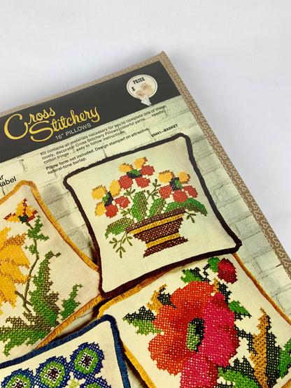 Retro Cross Stitchery 16" Pillow Needlecraft Kit - Basket of Flowers - NOS