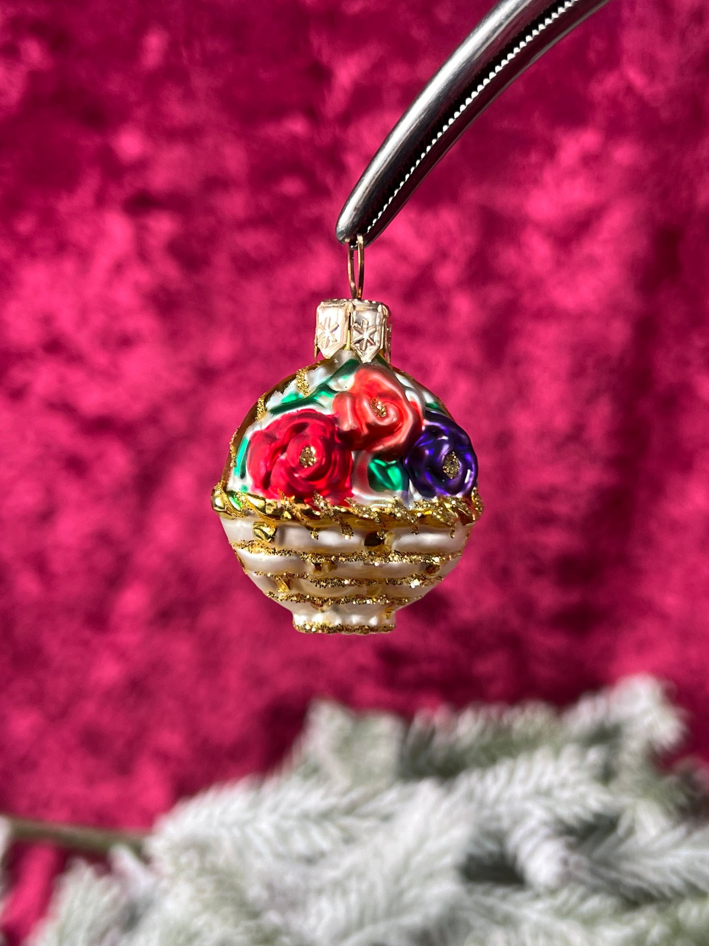 Vintage Christmas - Handblown Glass Ornament - Basket Of Flowers