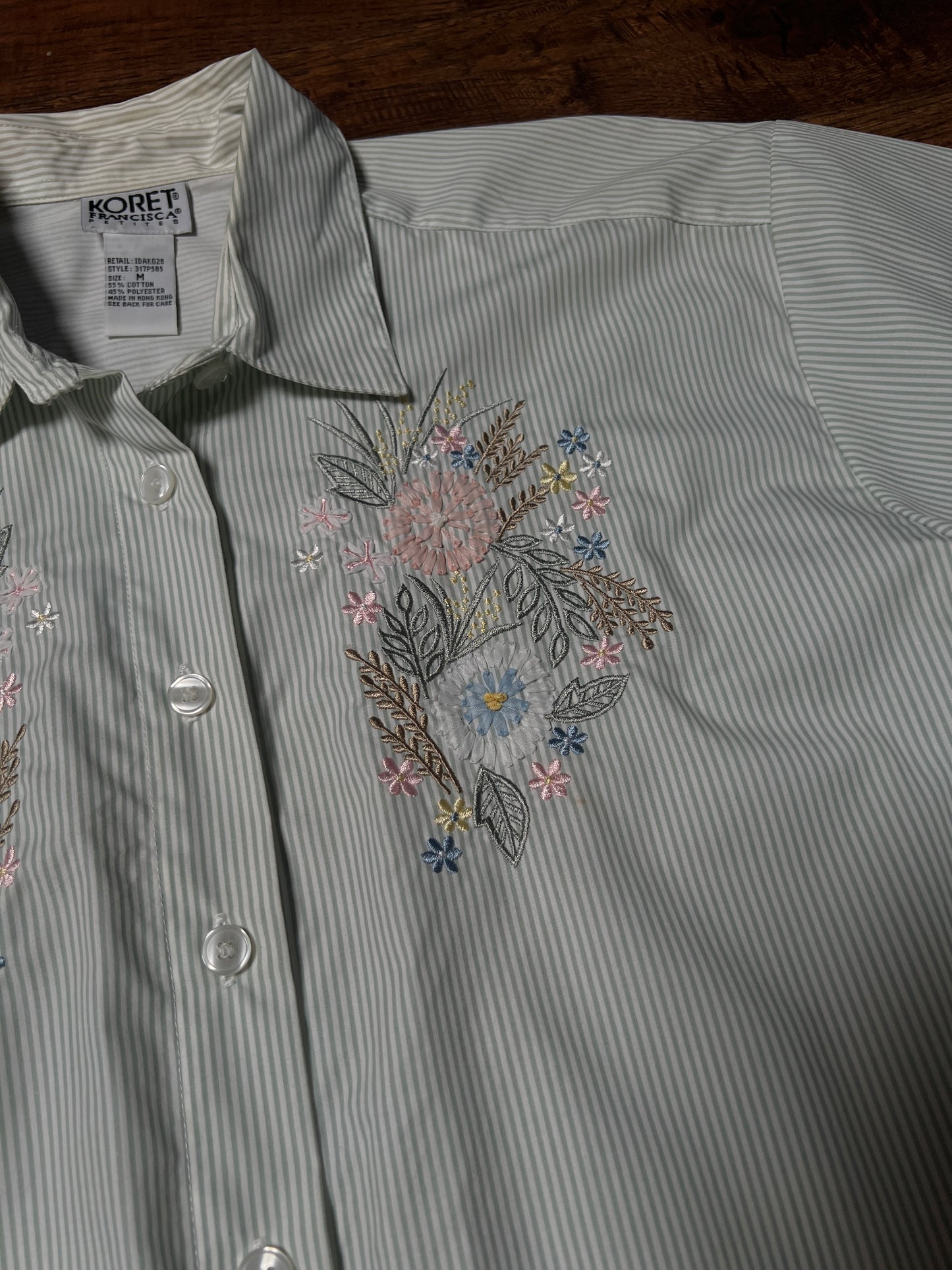 Vintage Koret Francisca Cotton Blend Blouse – Green Pinstripe Floral Embroidery – Medium