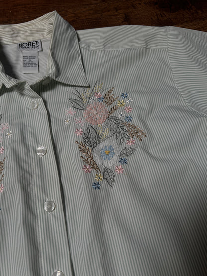 Vintage Koret Francisca Cotton Blend Blouse – Green Pinstripe Floral Embroidery – Medium