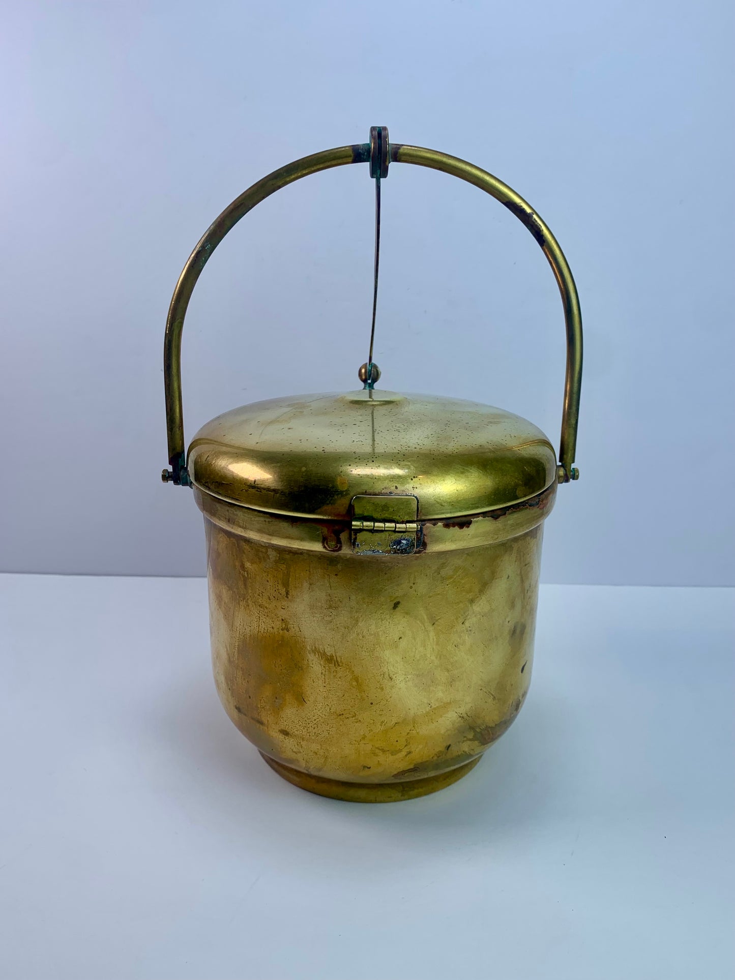 Vintage Barware - Solid Brass Ice Bucket - Hinged Lid - Porcelain Inner - 1920s