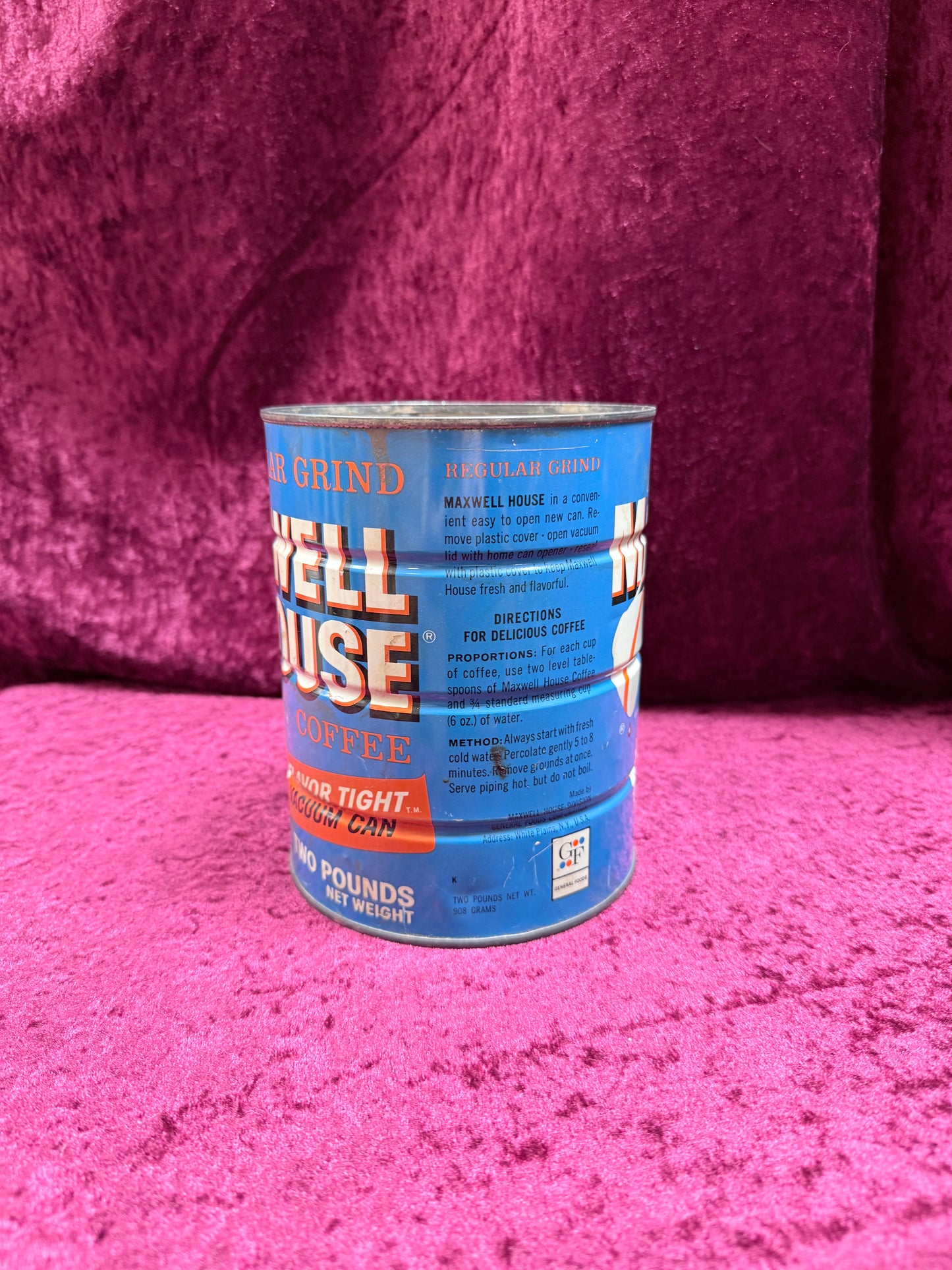 Vintage Maxwell House Metal Coffee Can - Blue No-Key Vacuum Tin - 2 LB