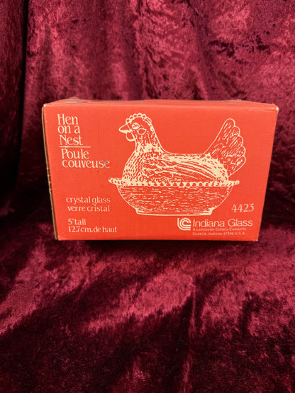 Vintage Crystal Glass Hen on Nest Dish – Beaded Rim Covered Candy Bowl with Original Box