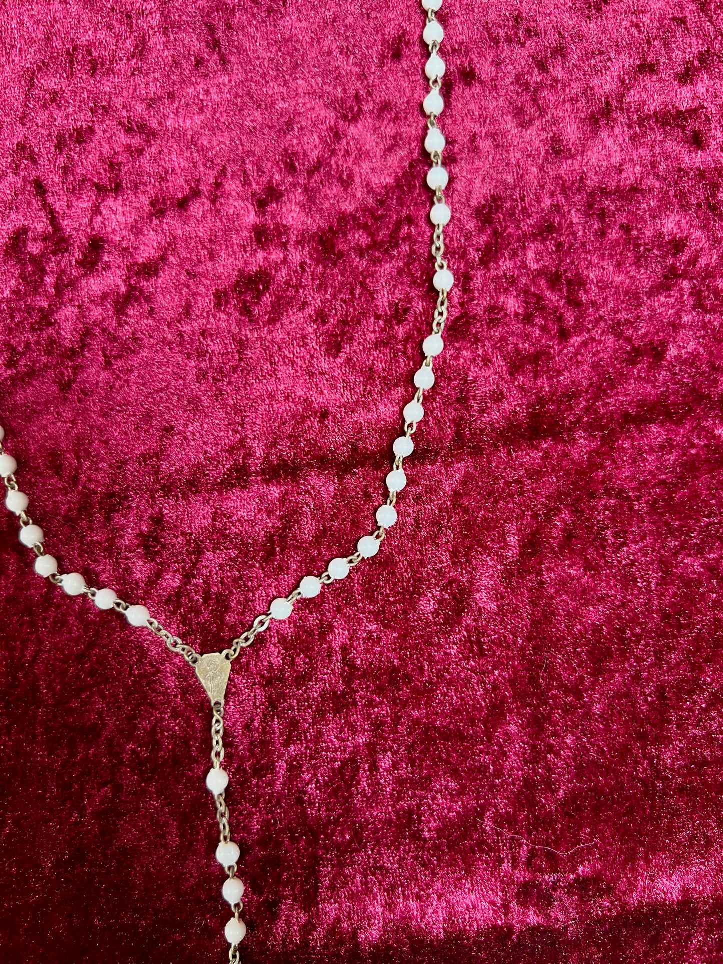 Vintage Jewelry - Rosary Beads - Shiny White Beads - Brass Tone Cross - 12.75"