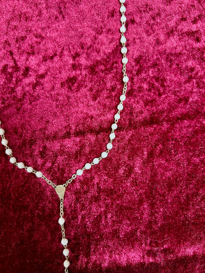 Vintage Jewelry - Rosary Beads - Shiny White Beads - Brass Tone Cross - 12.75"