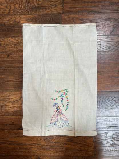 Vintage Linens - Pair of Embroidered Dinner Napkins - Rococo Lady In Waiting