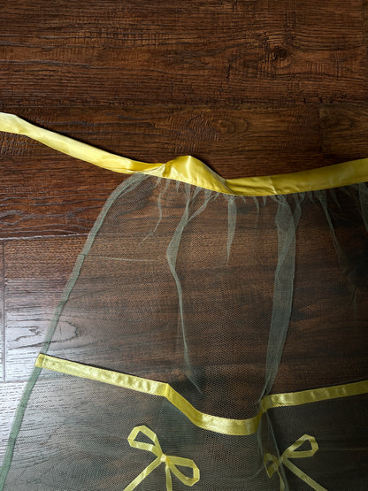 Vintage Handmade Green Tulle Half Apron — Mid Century Yellow Satin Ribbon Bows