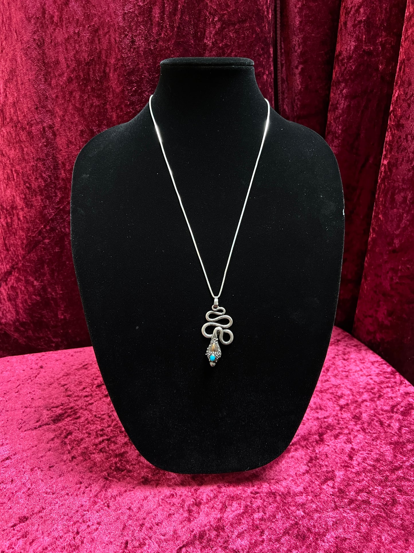 Vintage 925 Sterling Silver Snake Necklace – Turquoise Accent Serpent Pendant