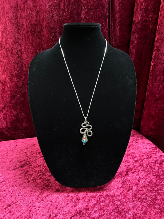 Vintage 925 Sterling Silver Snake Necklace – Turquoise Accent Serpent Pendant