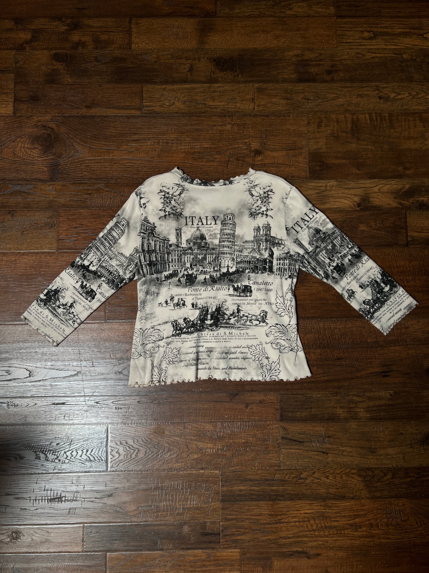Vintage Impulse California Cotton Graphic Top — Scenic Italy Print Lettuce Hem - X-Large