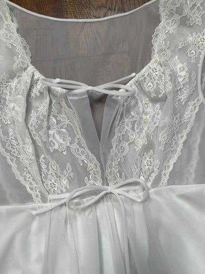 Vintage Shadowline Bridal Peignoir Set - Pure White with Pearl Beading & Lace Embellishment - Made In U.S.A. - Large