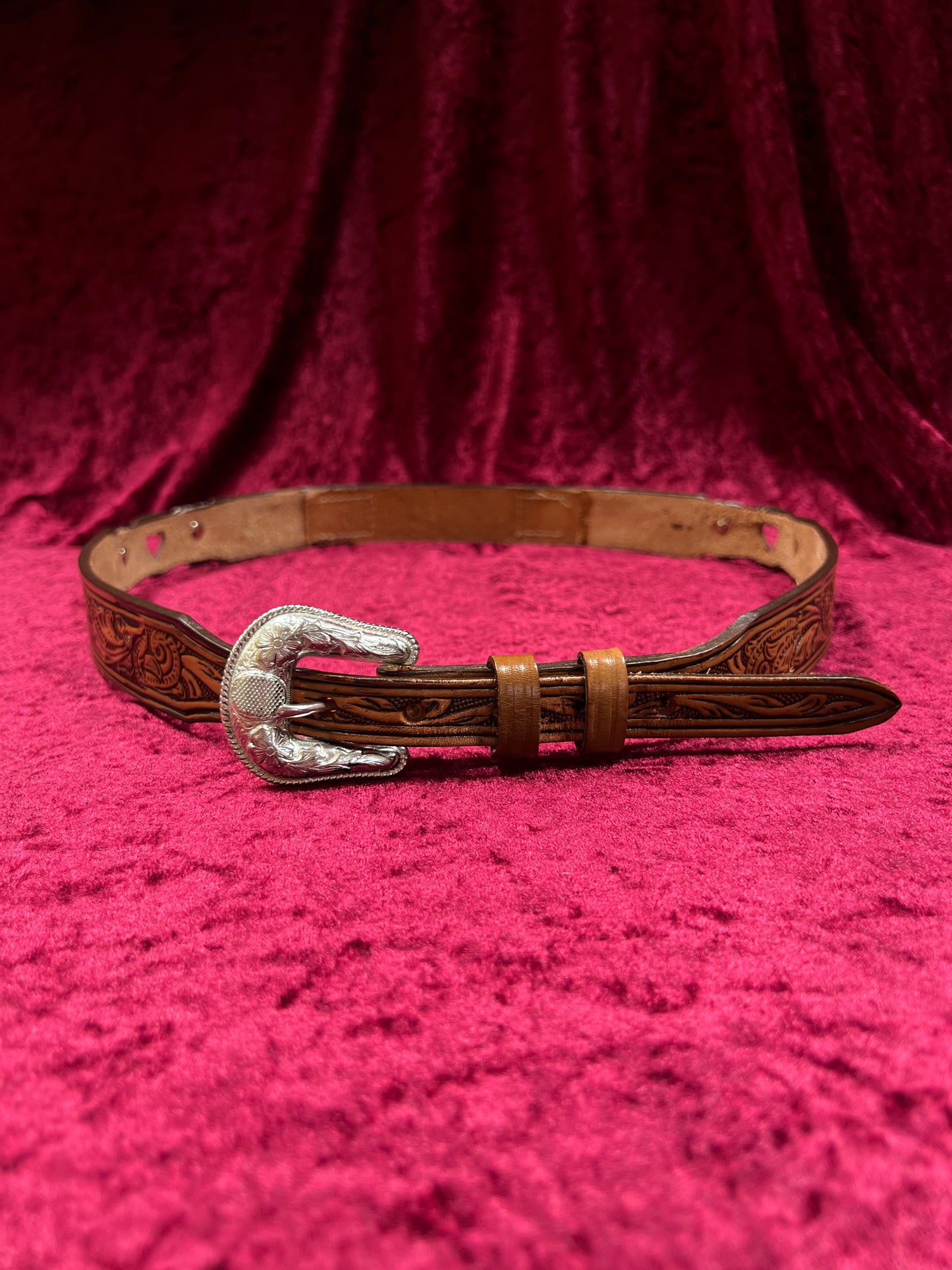 Vintage Nocona Leather Western Belt - Tooled Heart Cutout Silver Concho Belt USA Made - 34-37.75"