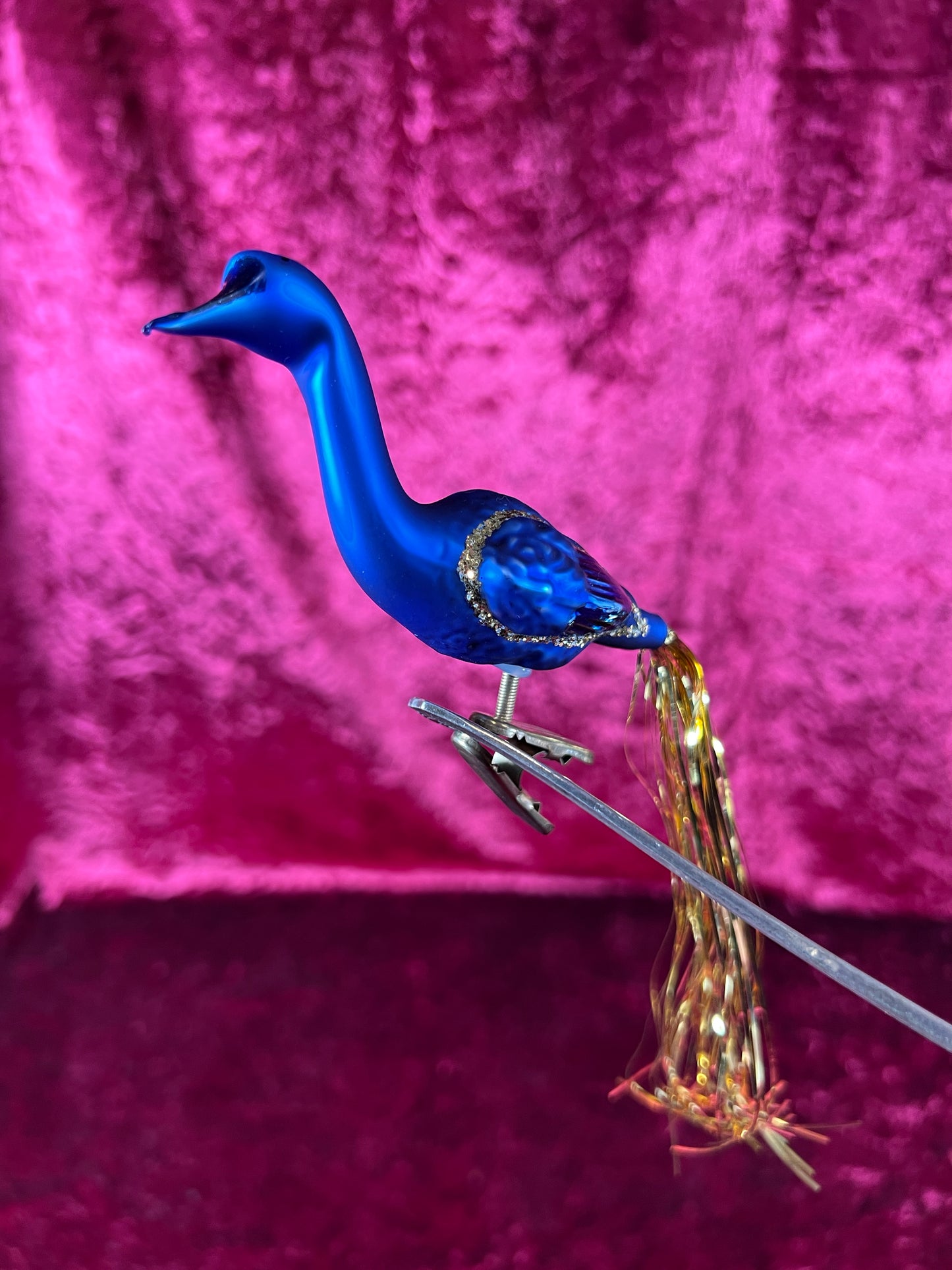 Vintage Christmas - Glass Clip-On Ornament - Royal Blue Crane with Tinsel Tail