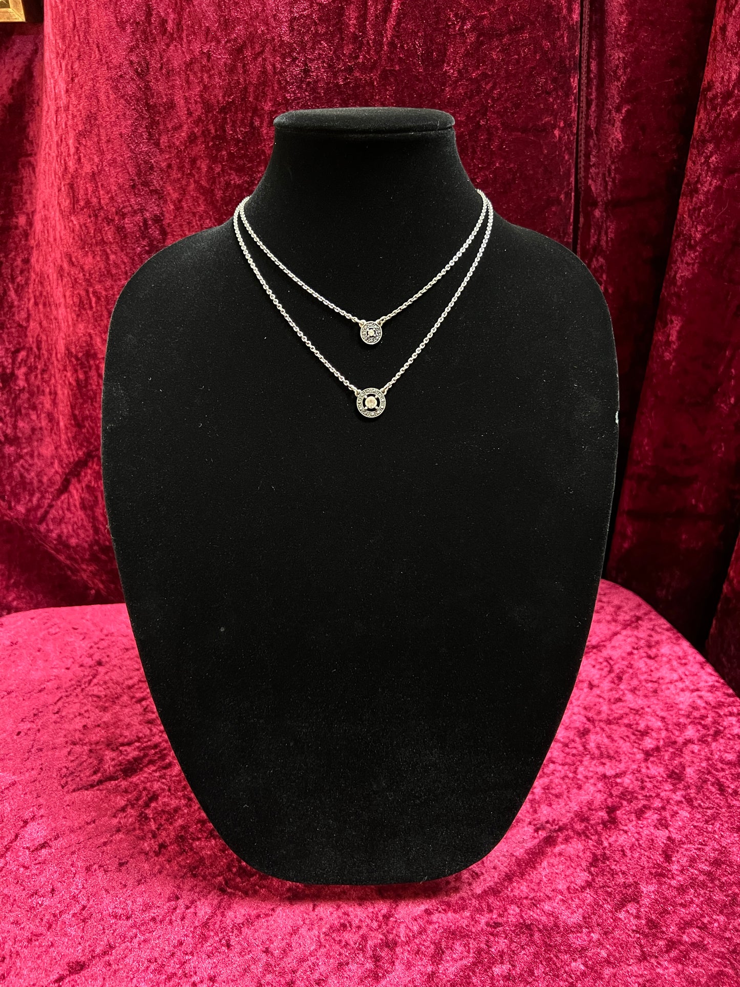 Vintage Silver Tone Double Chain Necklace – Round Rhinestone Pendants
