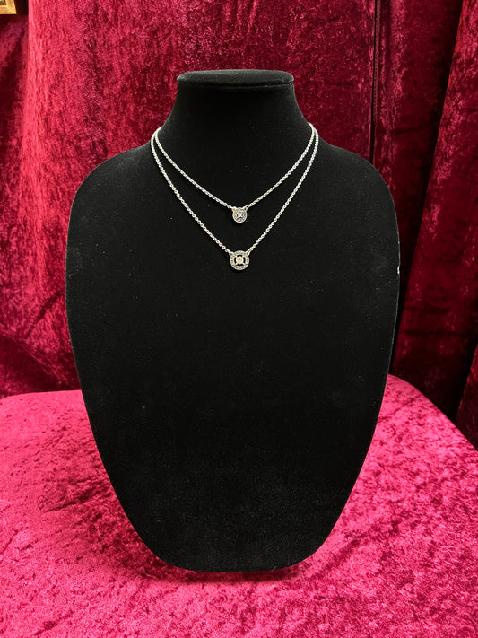 Vintage Silver Tone Double Chain Necklace – Round Rhinestone Pendants