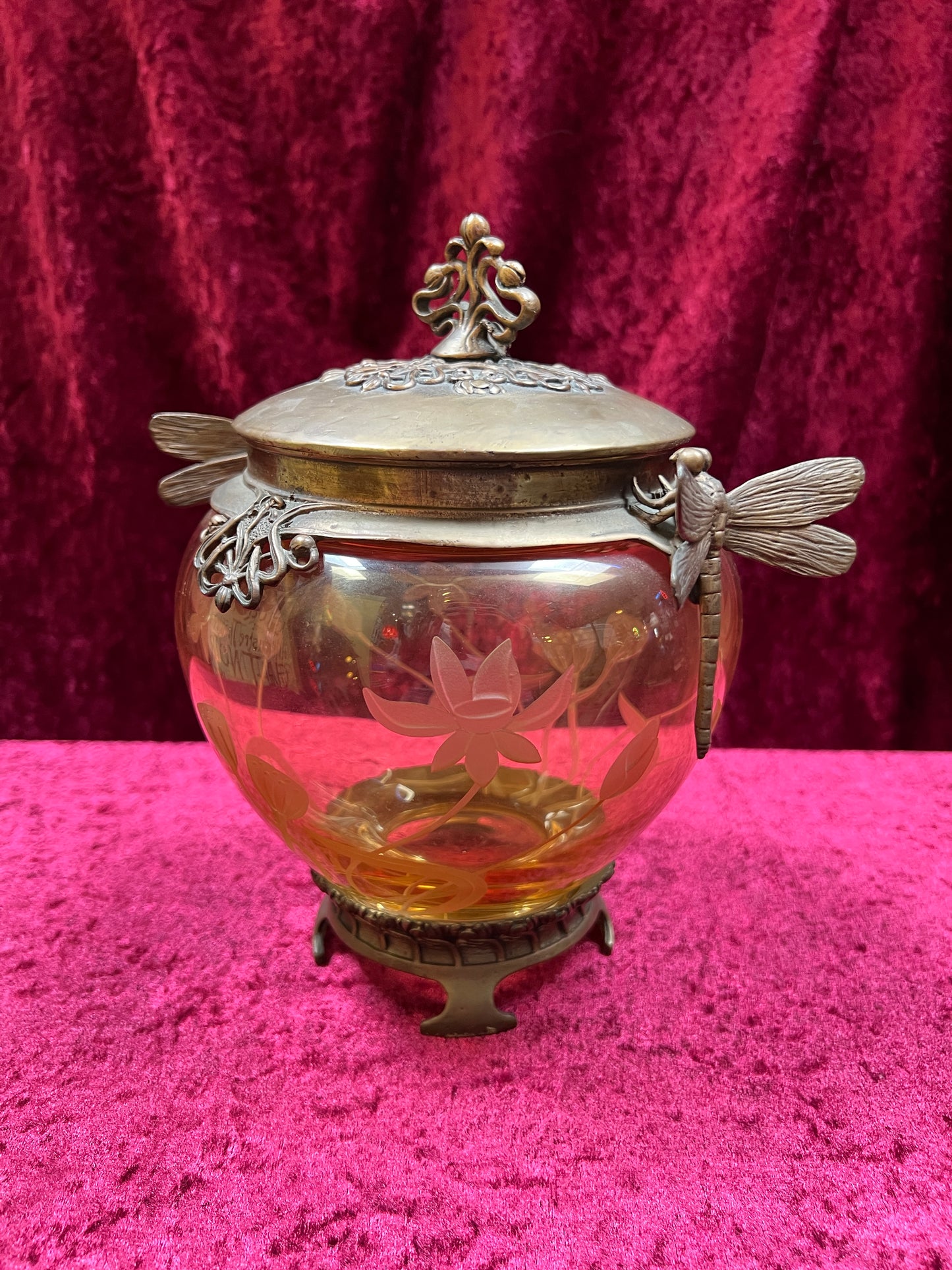 Vintage Oddities - Antique Art Nouveau Opium Jar - Etched Amber Glass - Castilian Poland