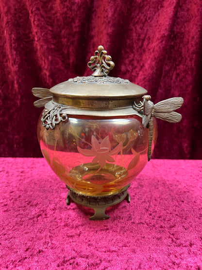 Vintage Oddities - Antique Art Nouveau Opium Jar - Etched Amber Glass - Castilian Poland